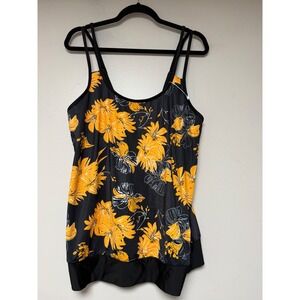 B2PRITY Floral Tankini‎ Top Swimsuit Black Orange Yellow Size 2XL
